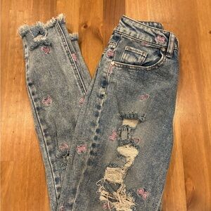 Tinseltown Distressed Blue Jeans with Pink Embroidered Butterflies